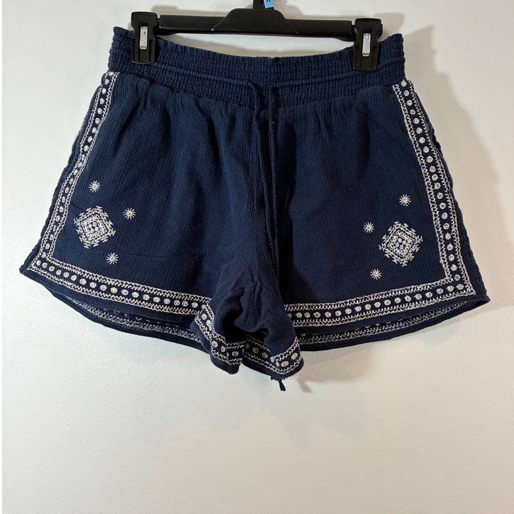 J. Crew Embroidered Shorts Cotton Blend‎ Drawstring Waist Boho Y2K Blue Size 6